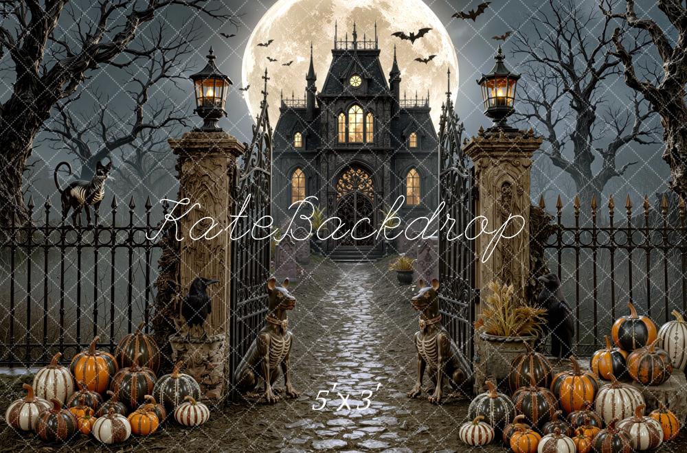Kate Halloween Night Haunted Mansion Moon Pathway Pumpkins Printed Backdrop Designed by Mini MakeBelieve