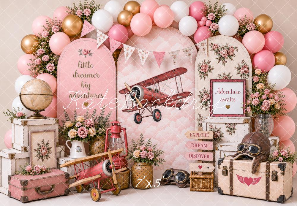 Kate Cake Smash Pink Airplane Balloons Floral Suitcases Adventure Printed Backdrop Designed by Shutter Swan Studios