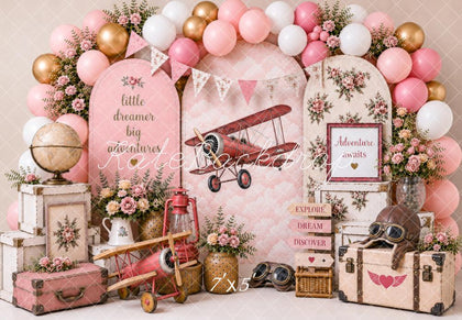 SALE Kate Cake Smash Pink Airplane Balloons Floral Suitcases Adventure Printed Backdrop Designed by Shutter Swan Studios