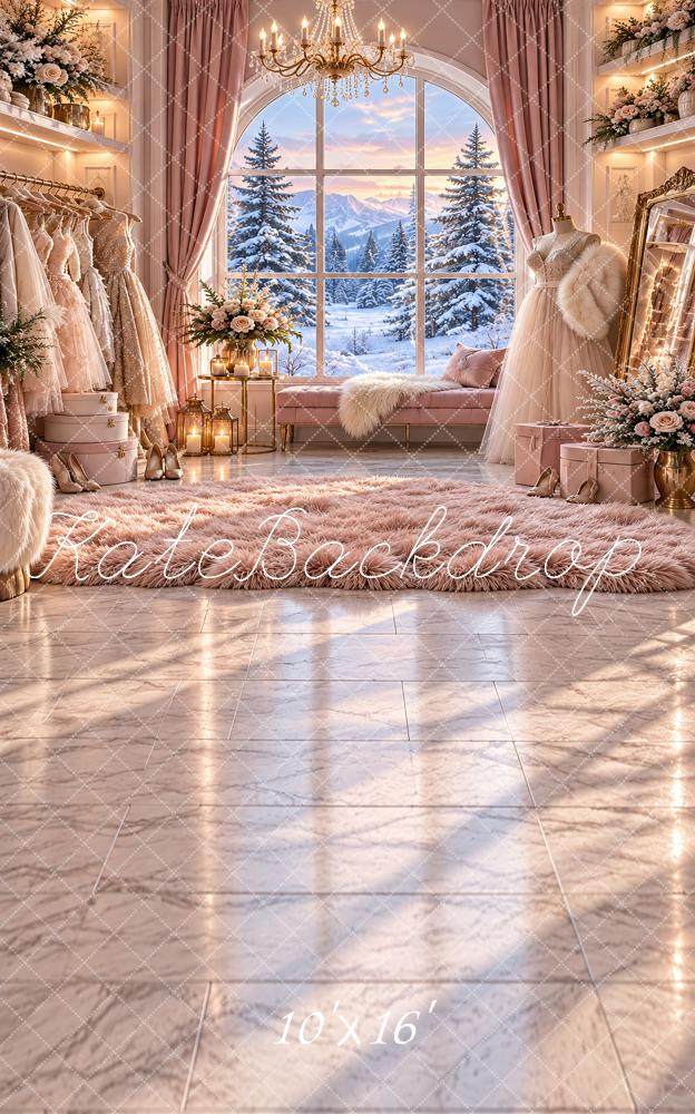 Kate Sweep Winter Boutique Glamour Dressing Snowy Window Printed Backdrop Designed by Vertigo Productions