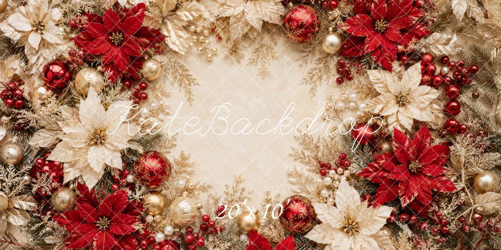 Kate Christmas Red Gold Poinsettia Wreath Ornaments Printed Backdrop Designed by Megan Leigh Photography