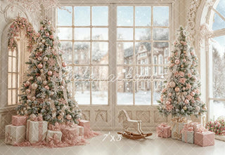 Kate Christmas Pink Trees Gifts Window Snowy Rocking Horse Printed Backdrop Designed by Emetselch
