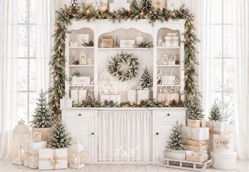 Kate Christmas Cabinet Garland Gifts Pinecones White Printed Backdrop Designed by Emetselch