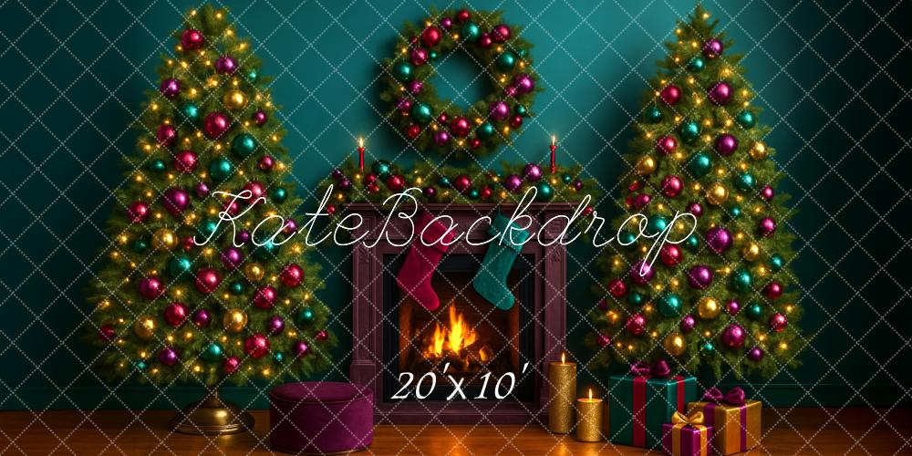 Kate Christmas Tree Fireplace Wreath Green Backdrop Designed by Megan Leigh Photography