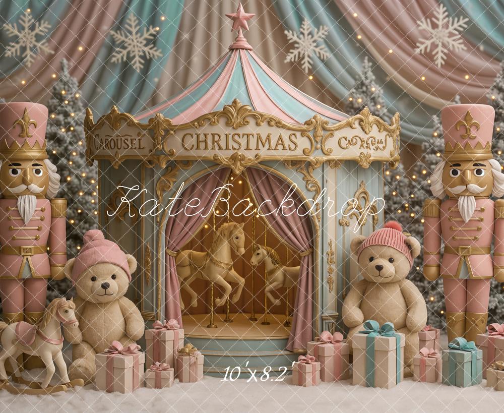 Kate Christmas Carousel Nutcracker Teddy Bear Pastel Gifts Backdrop Designed by Ashley Paul