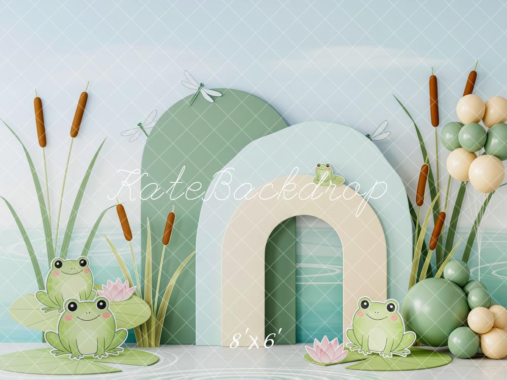 Kate Cake Smash Frog Pond Cattails Balloons Printed Backdrop Designed by Patty Roberts