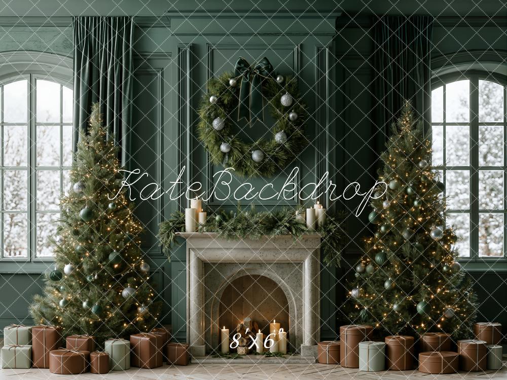 Kate Christmas Green Fireplace Wreath Christmas Trees Gifts Window Printed Backdrop Designed by Emetselch