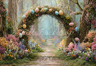 Kate Easter Forest Bunny Flower Arch Pastel Eggs Pathway Printed Backdrop Designed by Emetselch