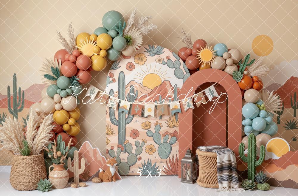 Kate Cake Smash Boho Desert Cactus Sun Balloons Printed Backdrop Designed by Mini MakeBelieve