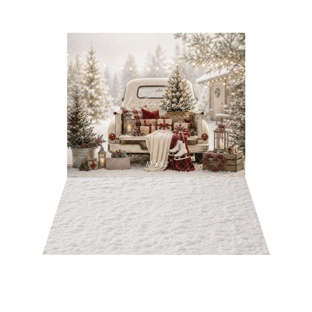 Kate Christmas Vintage White Truck Tree Gifts Ice Skates Snow Printed Backdrop+Winter Snow Rubber Floor Mat