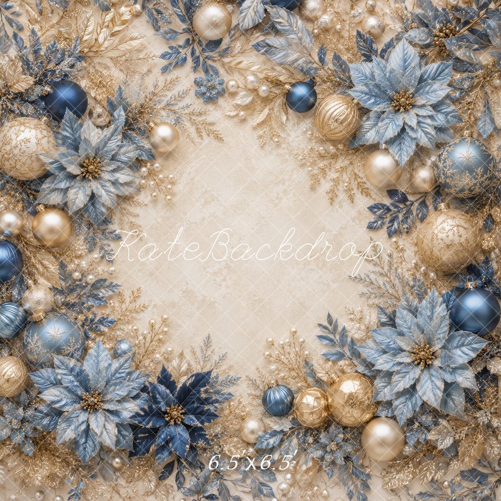 Kate Christmas Blue Gold Ornaments Poinsettias Garland Printed Backdrop Designed by Megan Leigh Photography