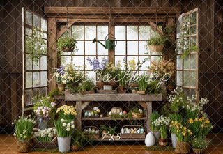 Kate Easter Bunny Floral Eggs Rustic Greenhouse Printed Backdrop Designed by Emetselch