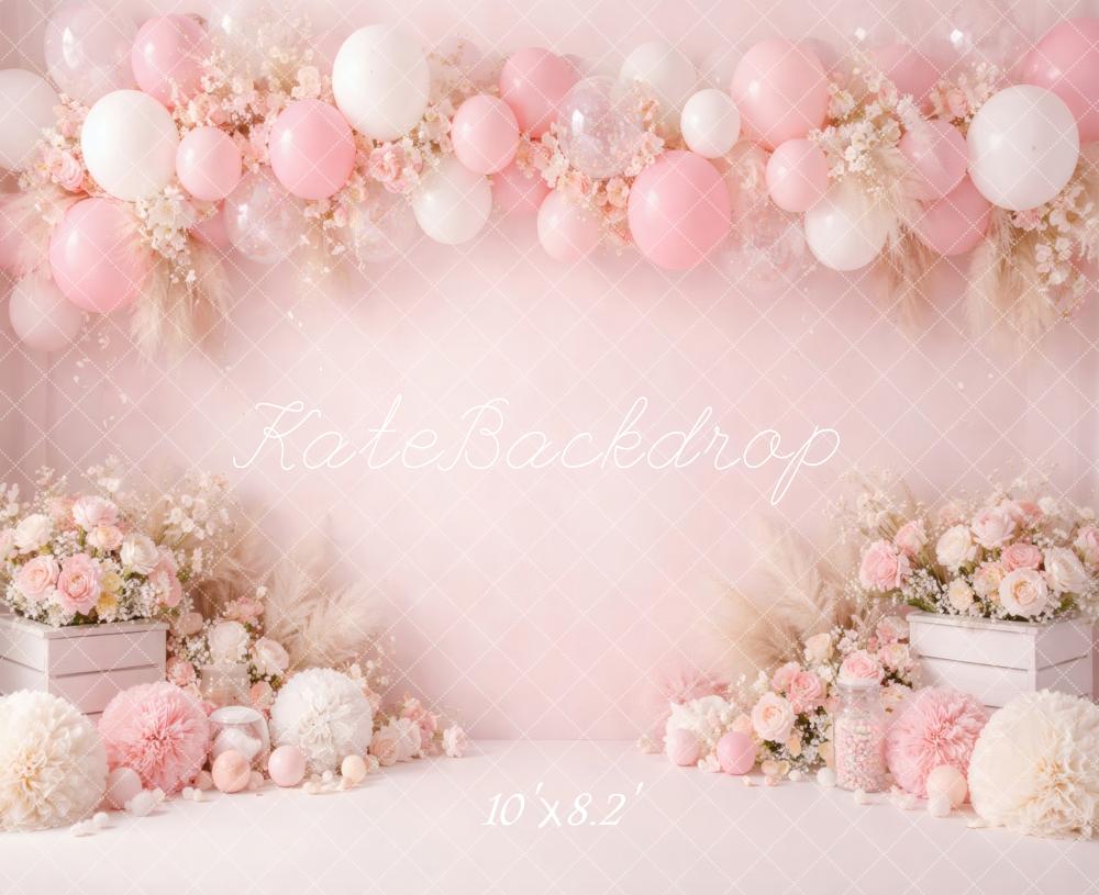 Kate Cake Smash Pink Balloon Flower Arch Pampas Grass Printed Backdrop Designed by Vertigo Productions