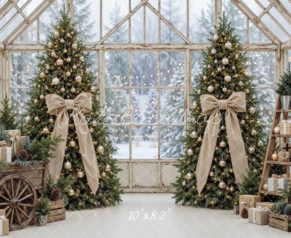 Kate Christmas Greenhouse Trees Bows Gifts Beige Printed Backdrop Designed by Mini MakeBelieve