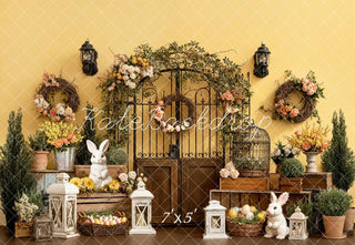 Kate Easter Bunny Floral Wreaths Garden Gate Yellow Wall Printed Backdrop Designed by Emetselch