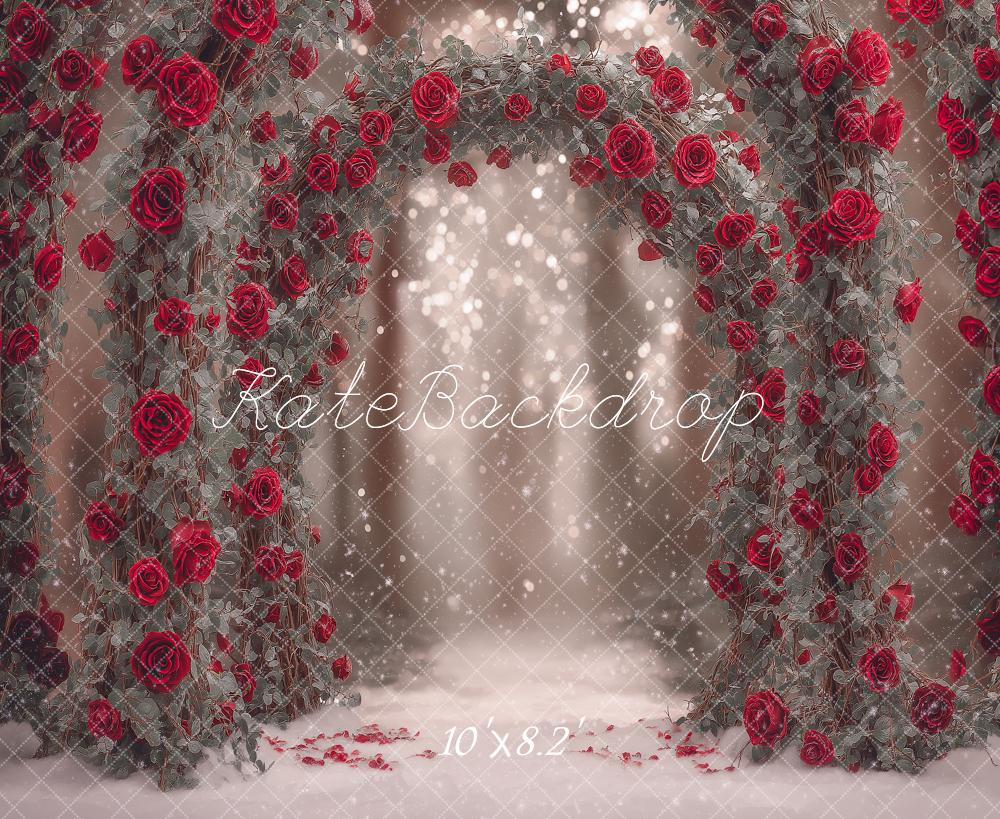 Kate Valentine's Day Flower Arch Red Roses Bokeh Backdrop Designed by Angela Miller