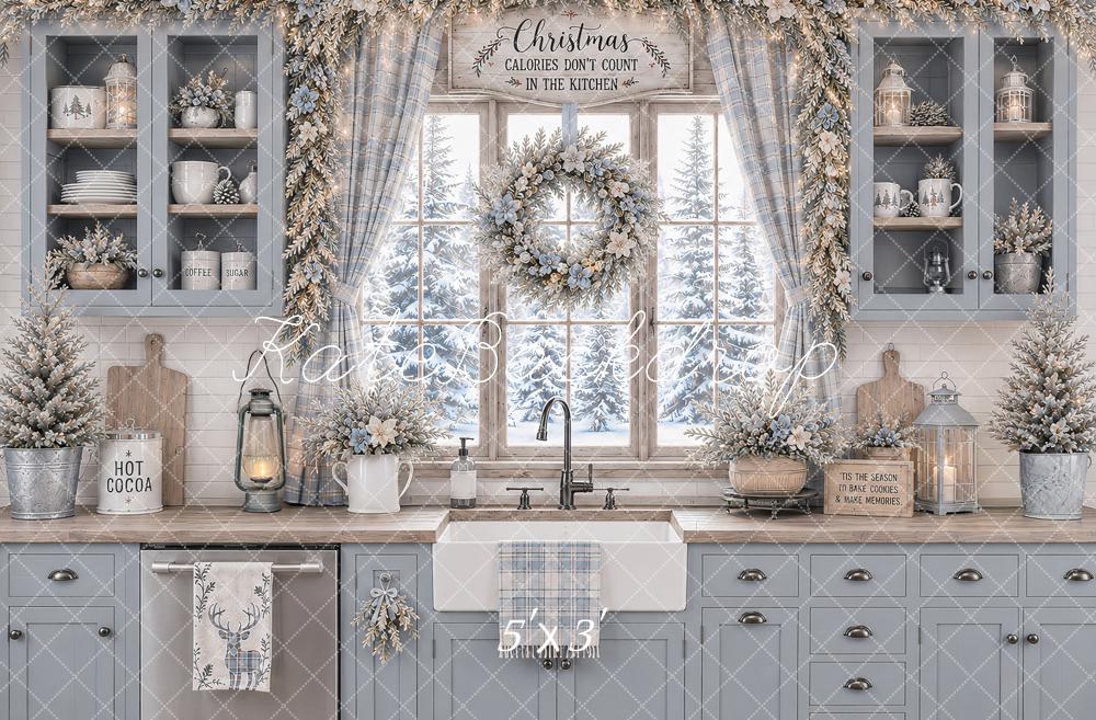 Kate Christmas Blue Kitchen Floral Wreath Snowy Printed Backdrop Designed by Ashley Paul