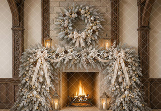 Kate Christmas Fireplace Wreath Garland Lanterns Printed Backdrop Designed by Emetselch