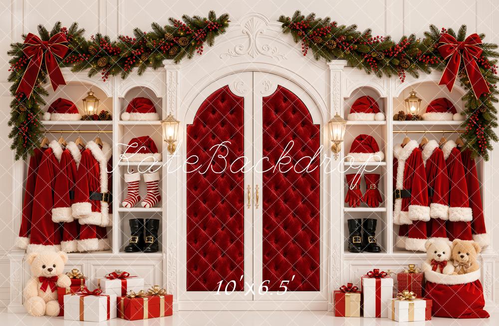Kate Christmas Santa Closet Red Quilted Doors Coat Garland Printed Backdrop Designed by Emetselch
