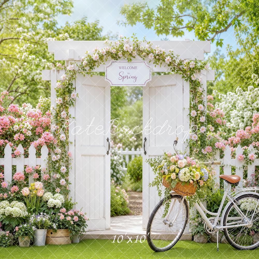 Kate Spring Garden Gate Flower Arch Bicycle Fence Printed Backdrop Designed by Emetselch