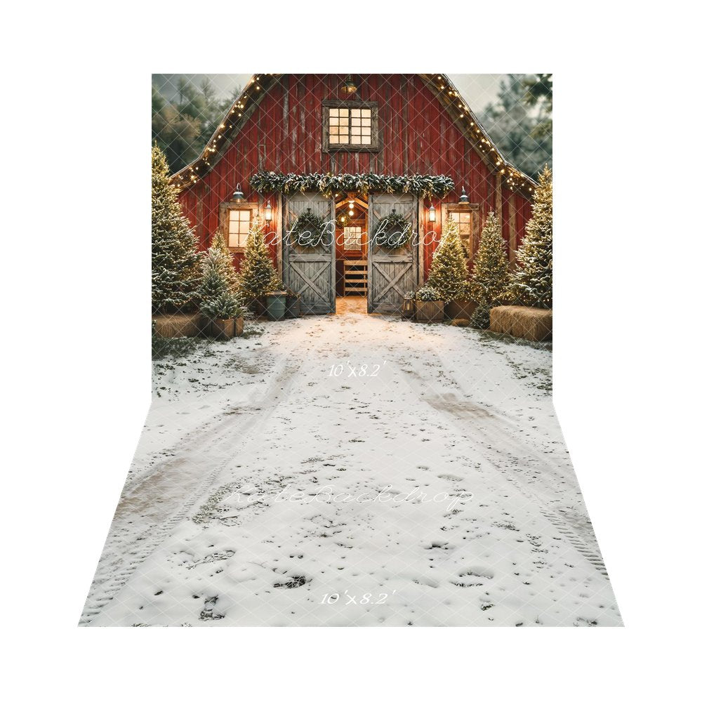 Kate Christmas Red Barn Snowy Pine Trees Garland Backdrop+Snow Tire Tracks Ground Texture Backdrop