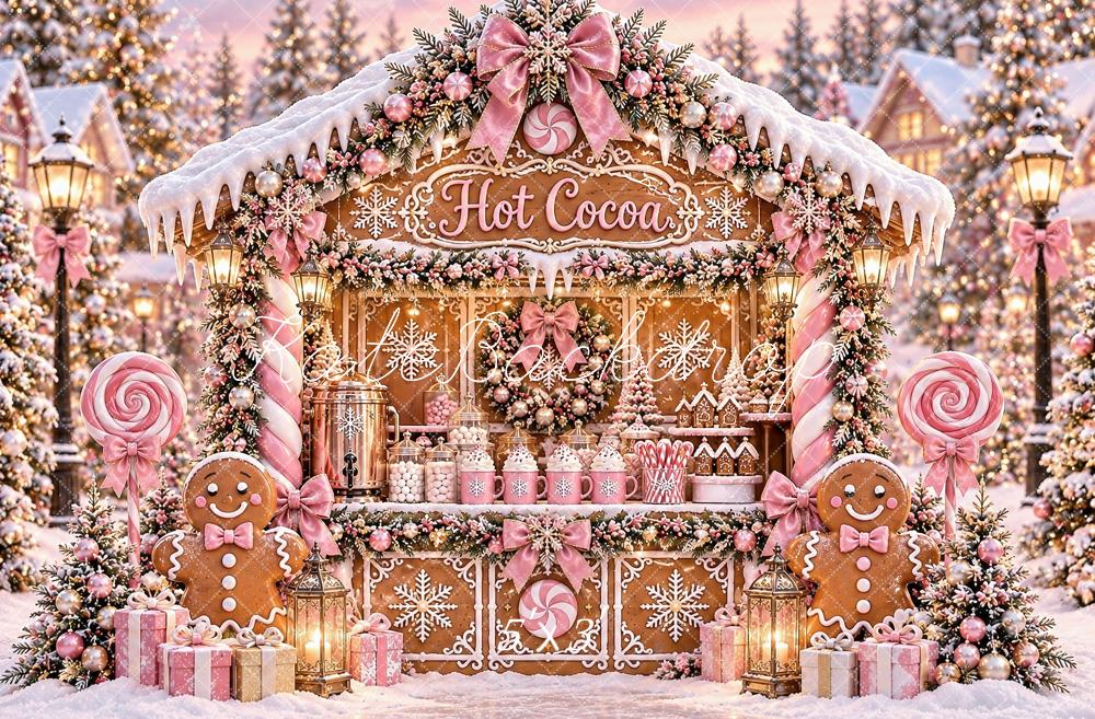 Kate Christmas Pink Gingerbread Hot Cocoa Stand Snowy Printed Backdrop Designed by Ashley Paul