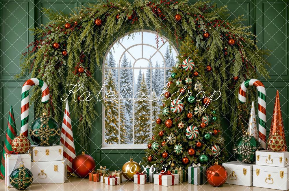 Kate Christmas Tree Garland Arch Candy Canes Green Wall Printed Backdrop Designed by Mini MakeBelieve