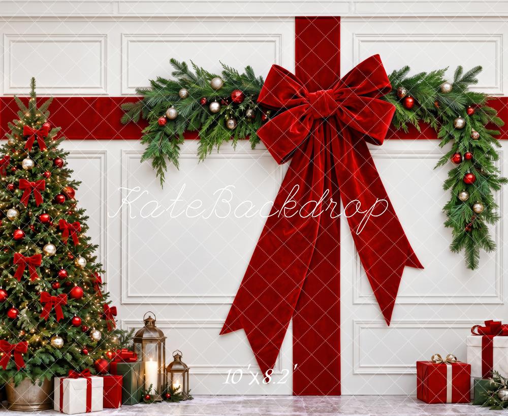 Kate Christmas Tree Red Bow Garland White Wall Gift Printed Backdrop Designed by Patty Roberts