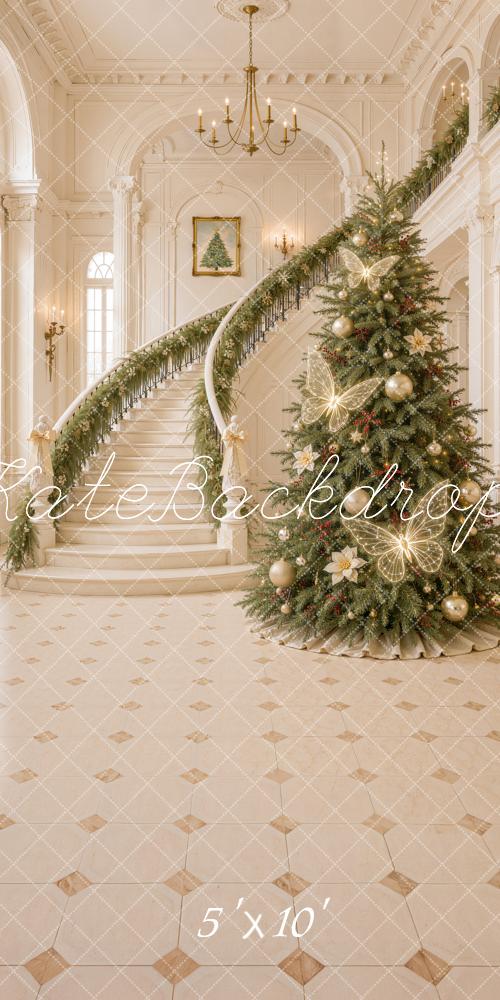 Kate Sweep Christmas Tree Cascading Stairs Butterfly Lights Elegant Printed Backdrop Designed by Emetselch
