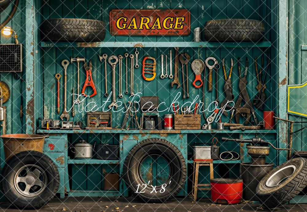 Kate Industrial Vintage Garage Tools Tire Backdrop Designed by Emetselch