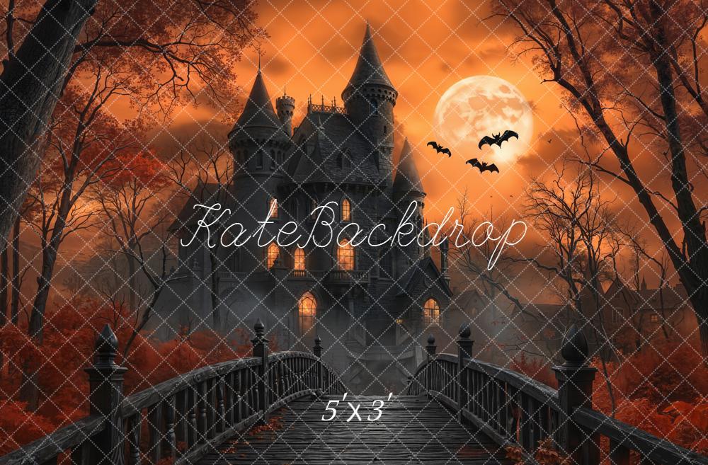Kate Halloween Haunted Castle Bridge Full Moon Bats Orange Backdrop Designed by Emetselch