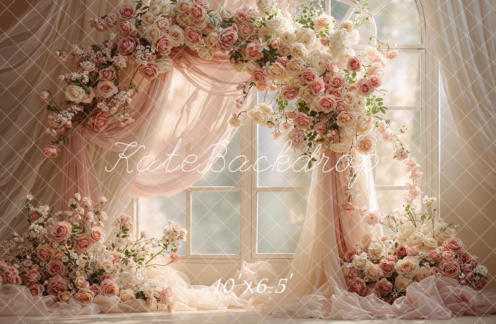 Kate Spring Flower Arch Blush Roses Drapes Window Printed Backdrop Designed by Emetselch