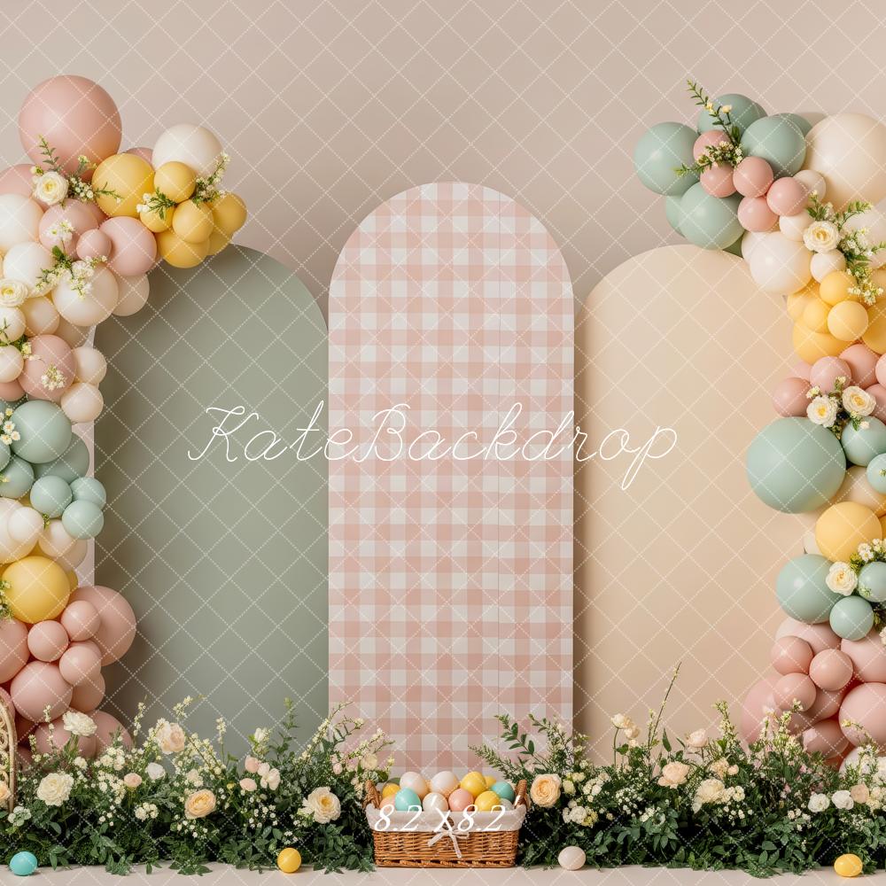 Kate Easter Pastel Balloon Flower Arch Gingha Basket Printed Backdrop Designed by Patty Roberts