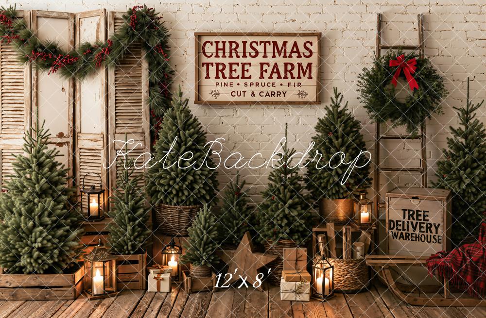 Kate Christmas Tree Farm Rustic Pine Trees Garland Printed Backdrop Designed by Emetselch