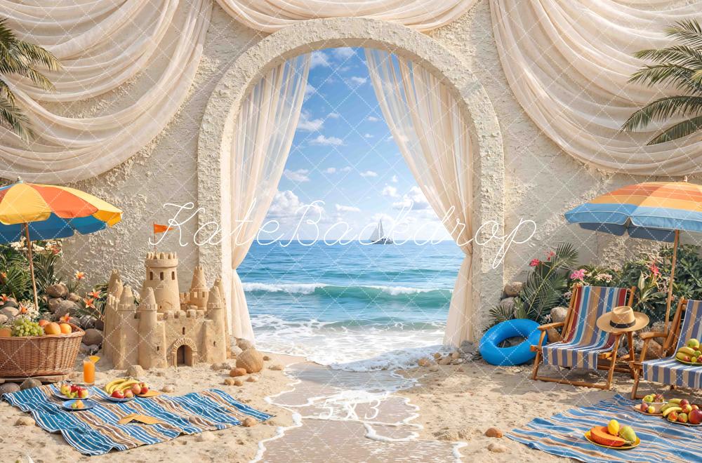 Kate Summer Beach Archway Sandcastle Umbrellas Printed Backdrop Designed by Mini MakeBelieve