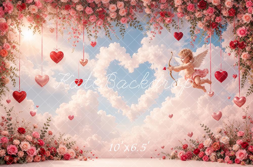 Kate Valentine's Day Cupid Roses Hearts Clouds Printed Backdrop Designed by Shutter Swan Studios