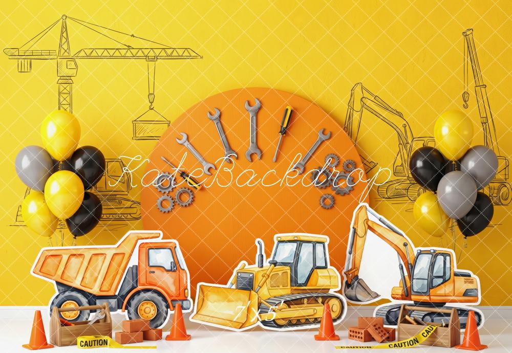 Kate Cake Smash Construction Trucks Tools Balloons Little Builders Printed Backdrop Designed by Patty Roberts