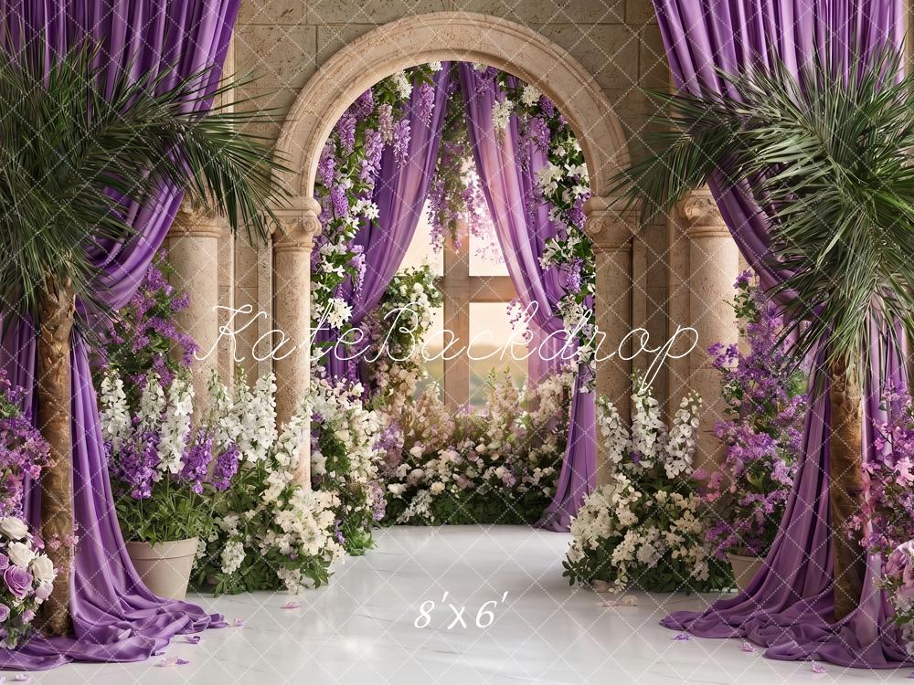 Kate Church Stage Cross Purple Flower Arch Stone Columns Printed Backdrop Designed by Angela Miller