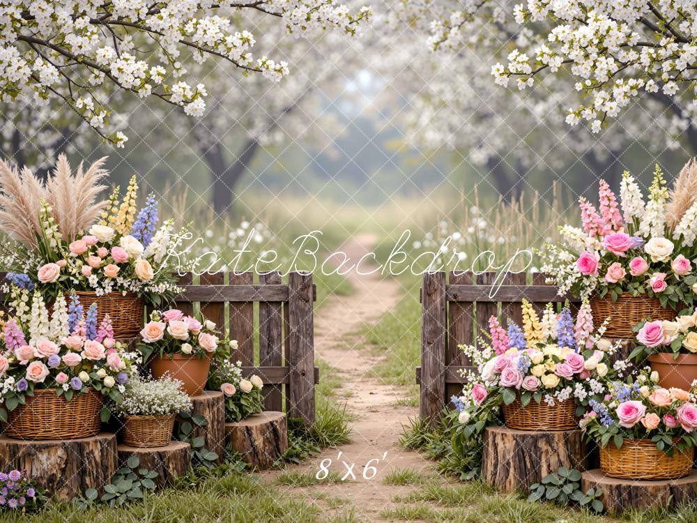 Kate Spring Blossom Garden Wooden Gate Flower Baskets Printed Backdrop Designed by Mini MakeBelieve