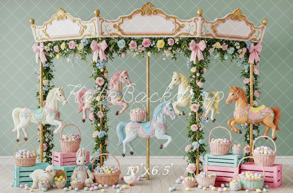 Kate Easter Carousel Bunny Pastel Eggs Floral Garland Printed Backdrop Designed by Patty Roberts
