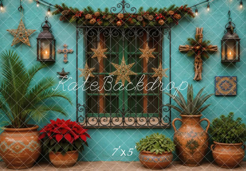 Kate Mexican Christmas Turquoise Window Lanterns Greenery Printed Backdrop Designed by Vertigo Productions
