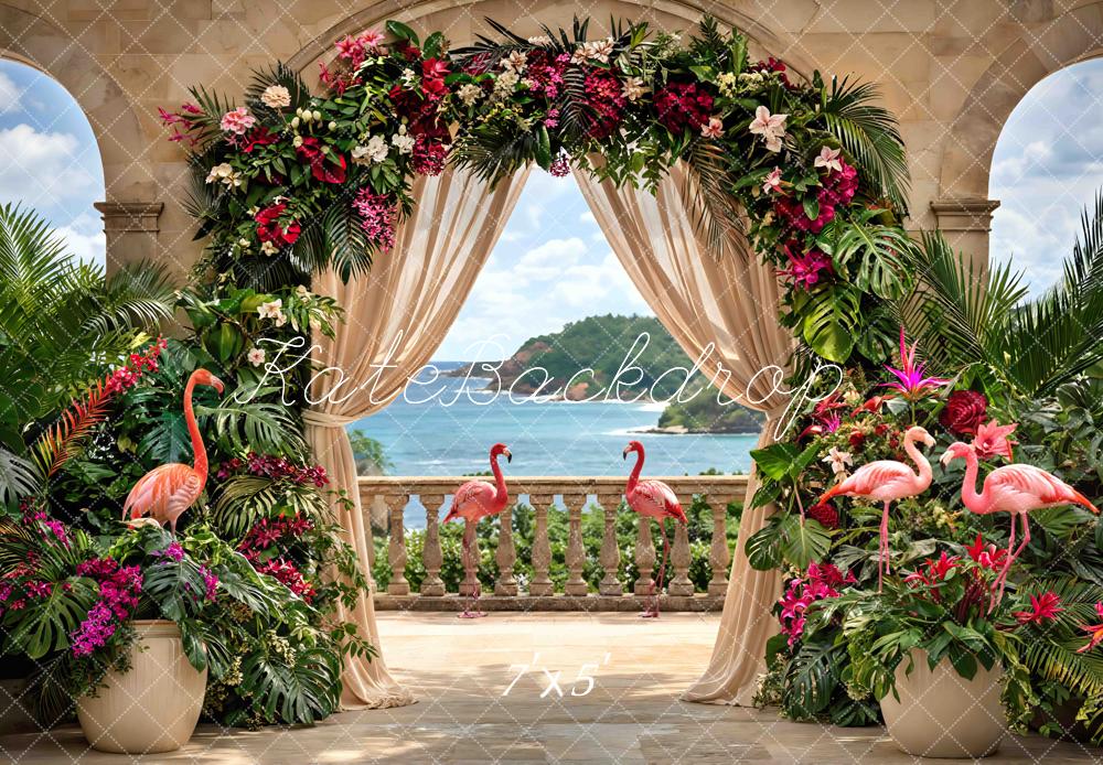 Kate Tropical Flower Arch Flamingos Ocean View Printed Backdrop Designed by Mini MakeBelieve
