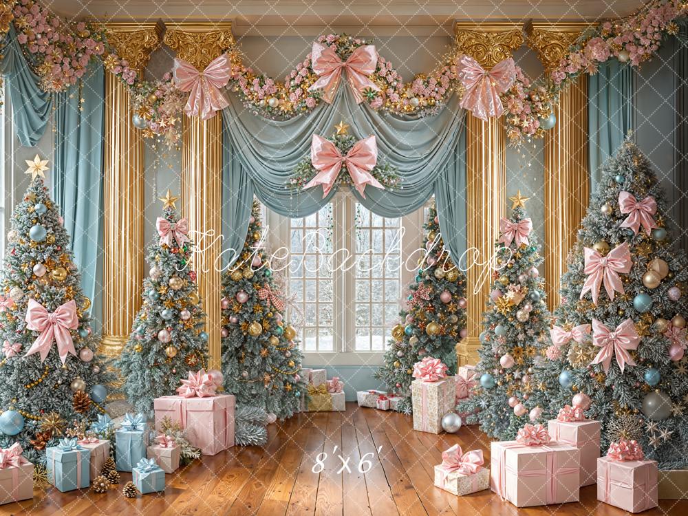 Kate Christmas Trees Pink Bow Blue Gold Presents Garland Backdrop Designed by Emetselch