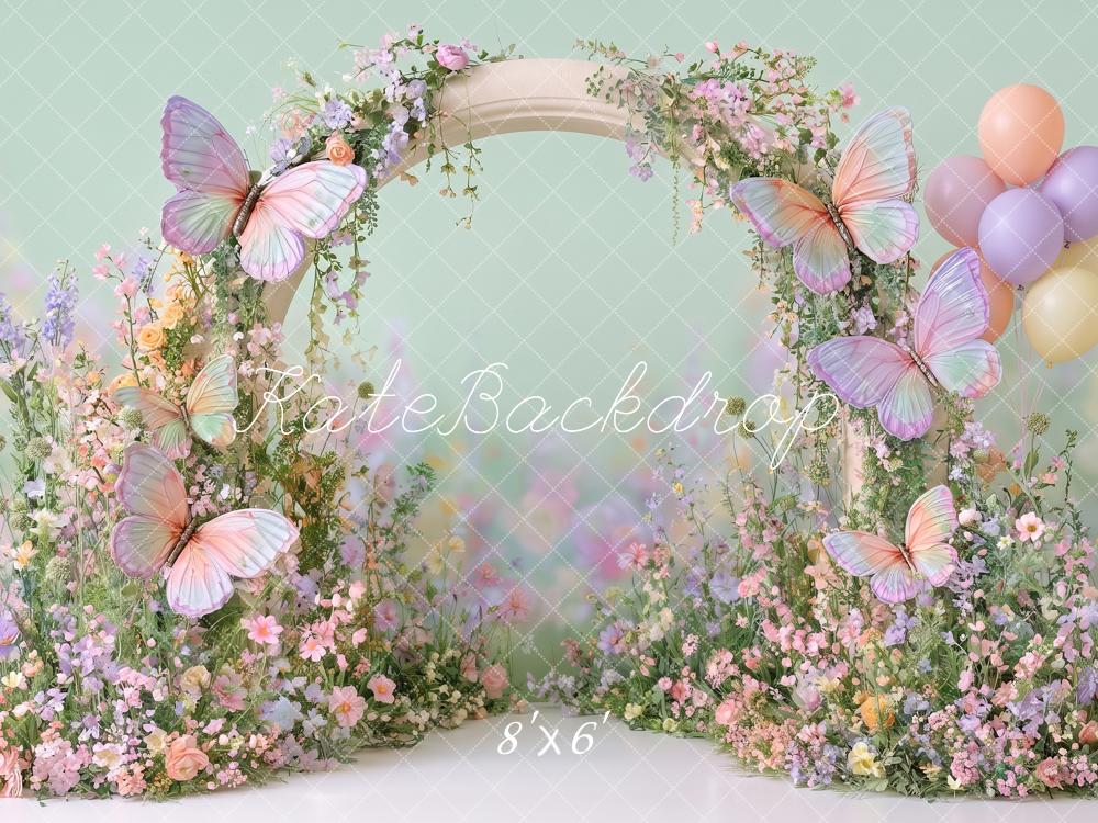 Kate Spring Cake Smash Flower Arch Butterflies Mint Green Balloons Printed Backdrop Designed by Angela Miller