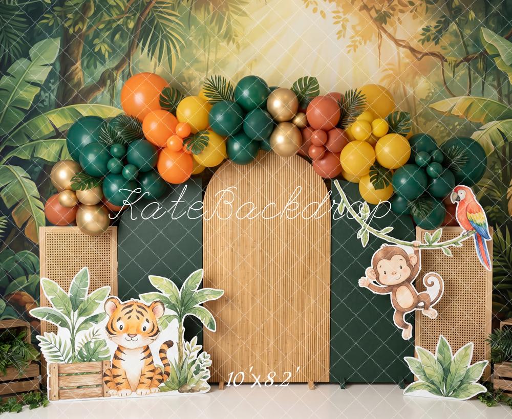 Kate Cake Smash Jungle Balloon Arch Cartoon Animals Printed Backdrop Designed by Patty Roberts
