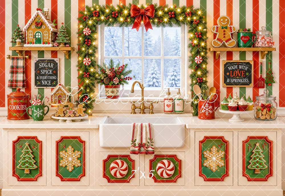 Kate Christmas Kitchen Gingerbread Cookies Garland Striped Wall Printed Backdrop Designed by Emetselch