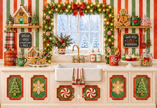 Kate Christmas Kitchen Gingerbread Cookies Garland Striped Wall Printed Backdrop Designed by Emetselch