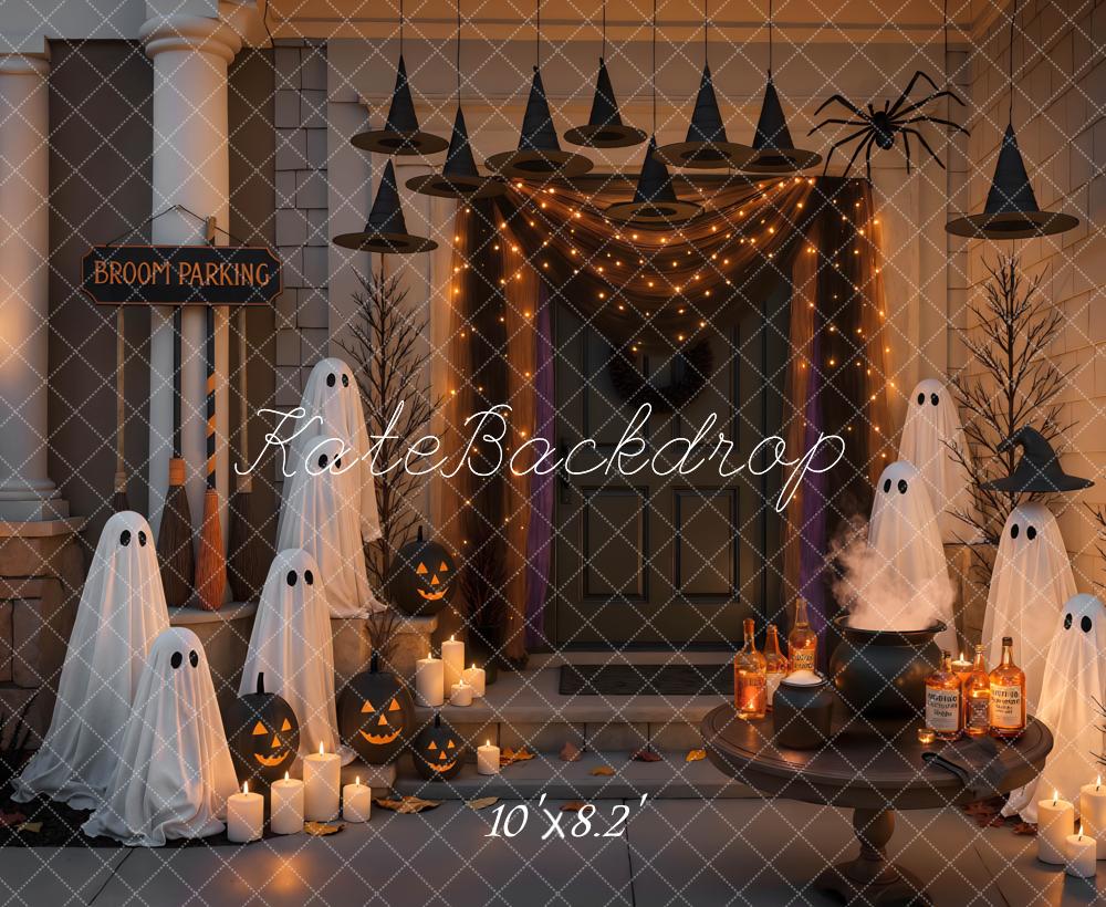 Kate Halloween Porch Ghosts Witch Hats Pumpkins Cauldron Backdrop Designed by Mini MakeBelieve