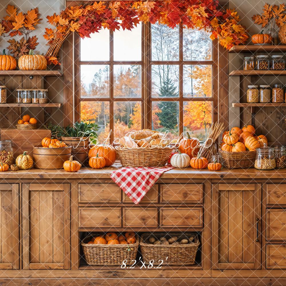 Kate Fall Kitchen Pumpkins Wooden Cabinet Shelves Maple Backdrop Designed by Emetselch