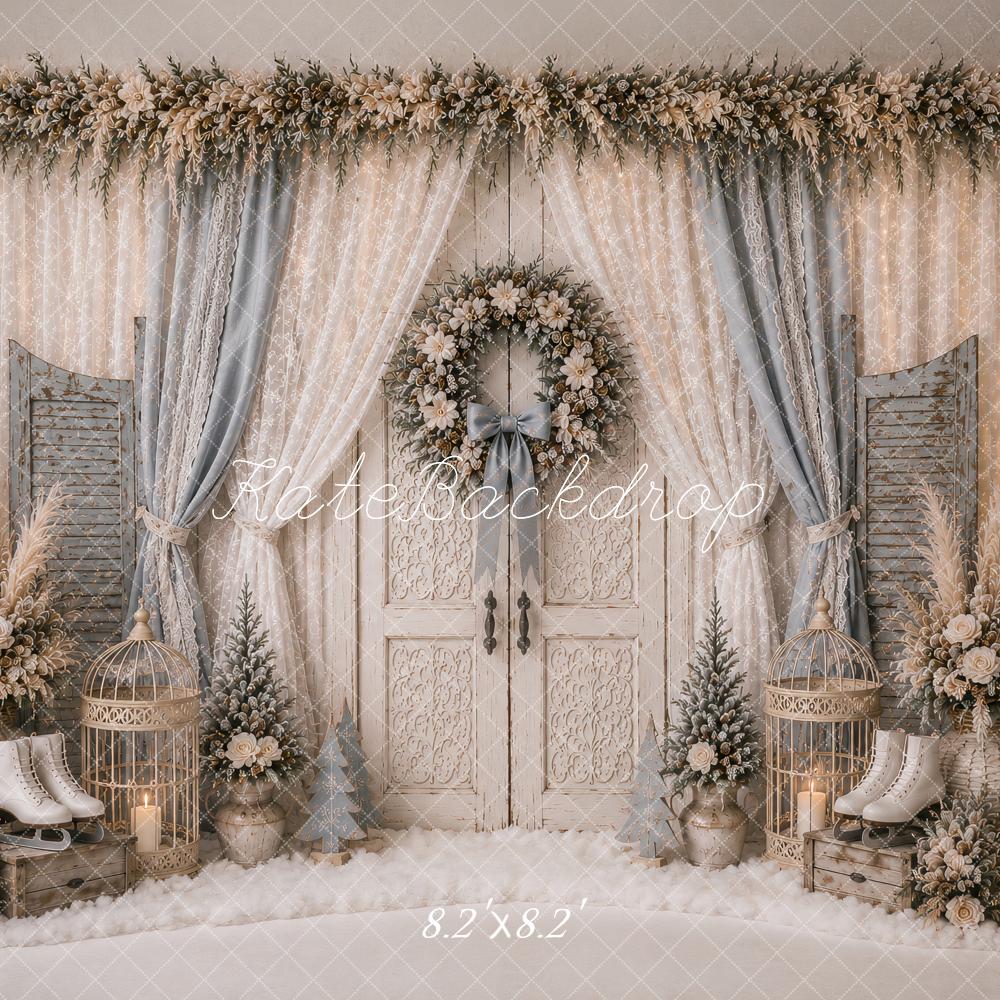 Kate Christmas White Double Doors Wreath Lace Curtains Trees Printed Backdrop Designed by Ashley Paul